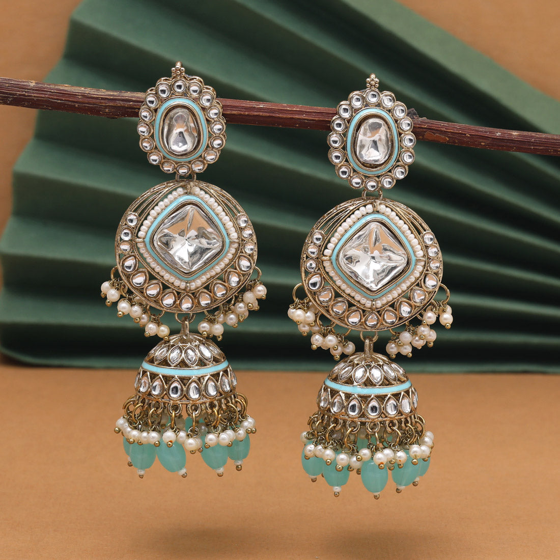 Firozi Color Kundan Earrings (KDE983FRZ)