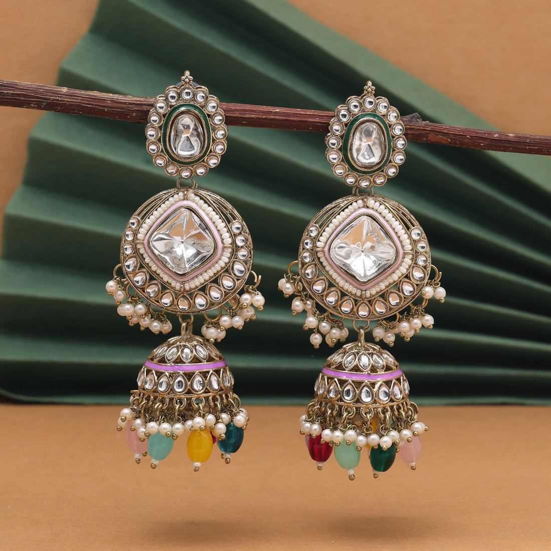 Multi Color Kundan Earrings (KDE983MLT)