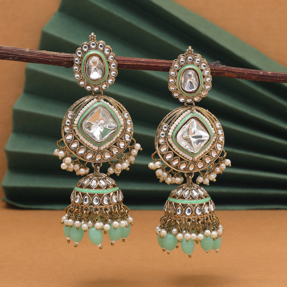 Pista Green Color Kundan Earrings (KDE983PGRN) Jewellery GetGlit