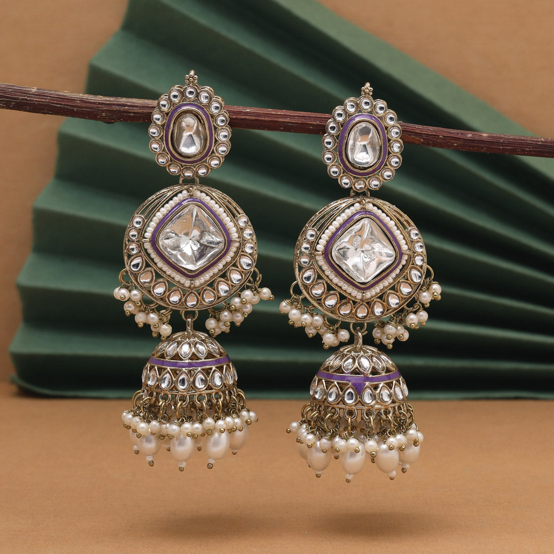 White & Purple Color Kundan Earrings (KDE983WHTPRP)