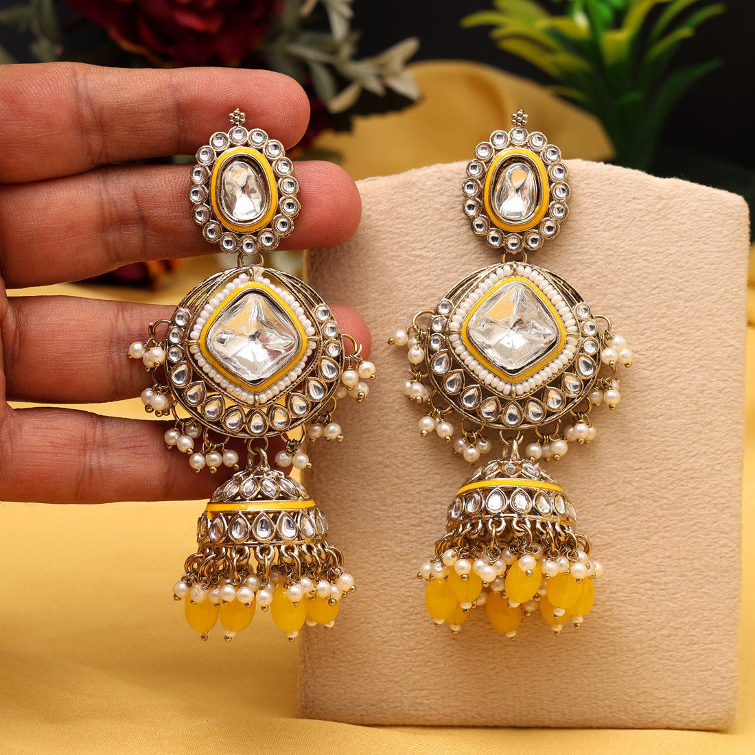 Yellow Color Kundan Earrings (KDE983YLW) Jewellery GetGlit