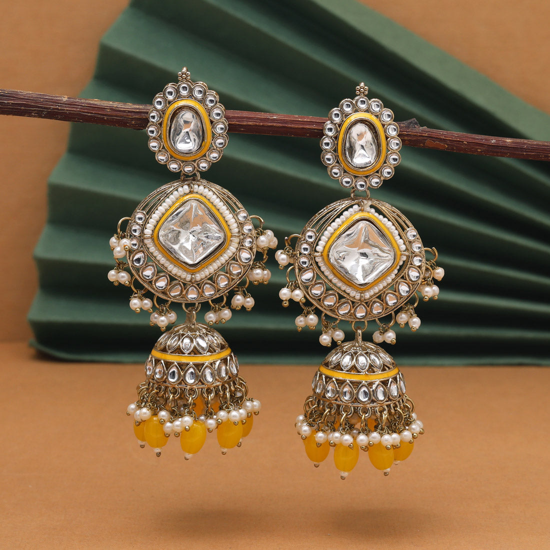 Yellow Color Kundan Earrings (KDE983YLW)