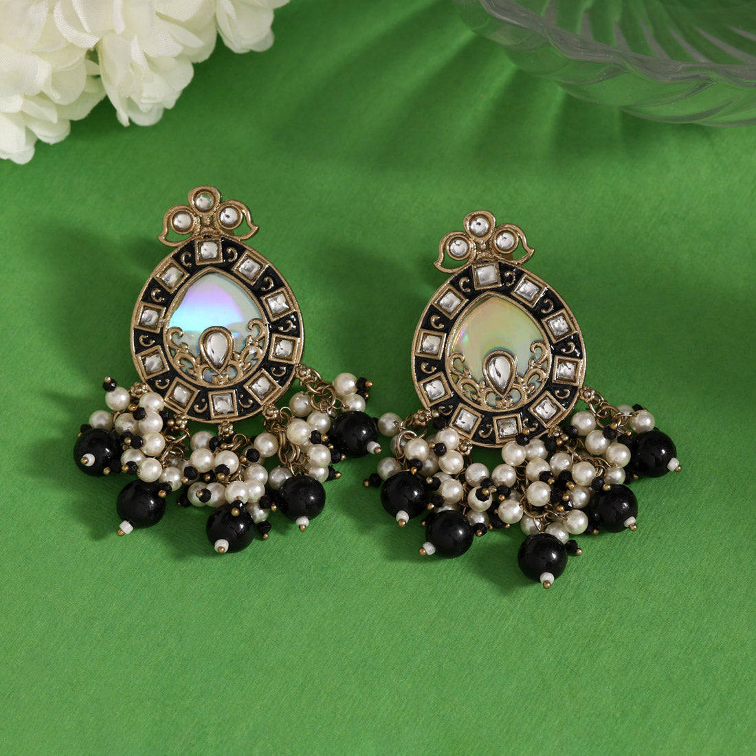 Black Color Meena Work Kundan Earrings (KDE984BLK)