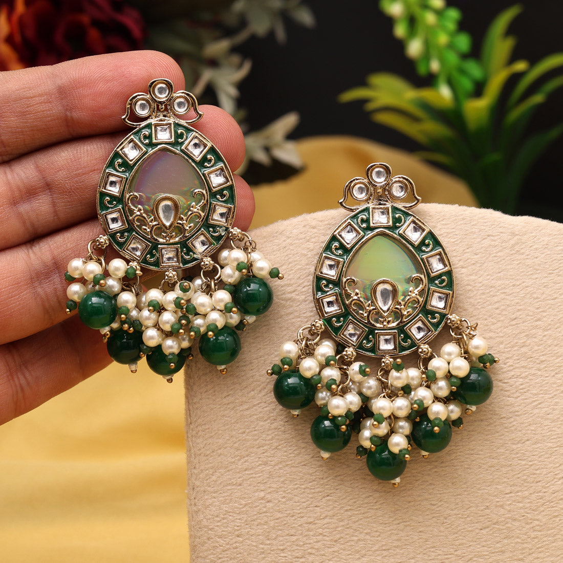 Green Color Meena Work Kundan Earrings (KDE984GRN) Jewellery GetGlit