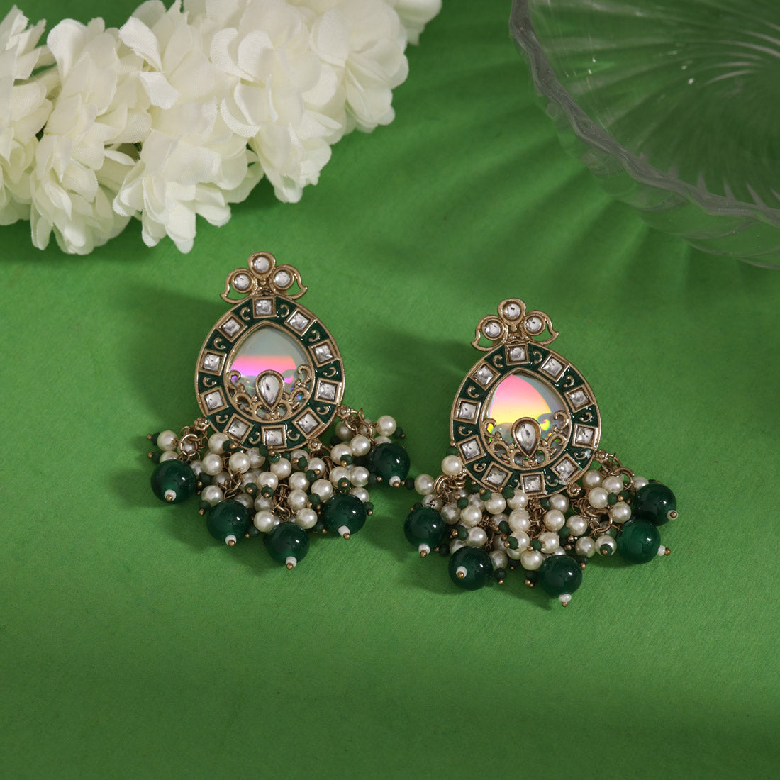 Green Color Meena Work Kundan Earrings (KDE984GRN) Jewellery GetGlit