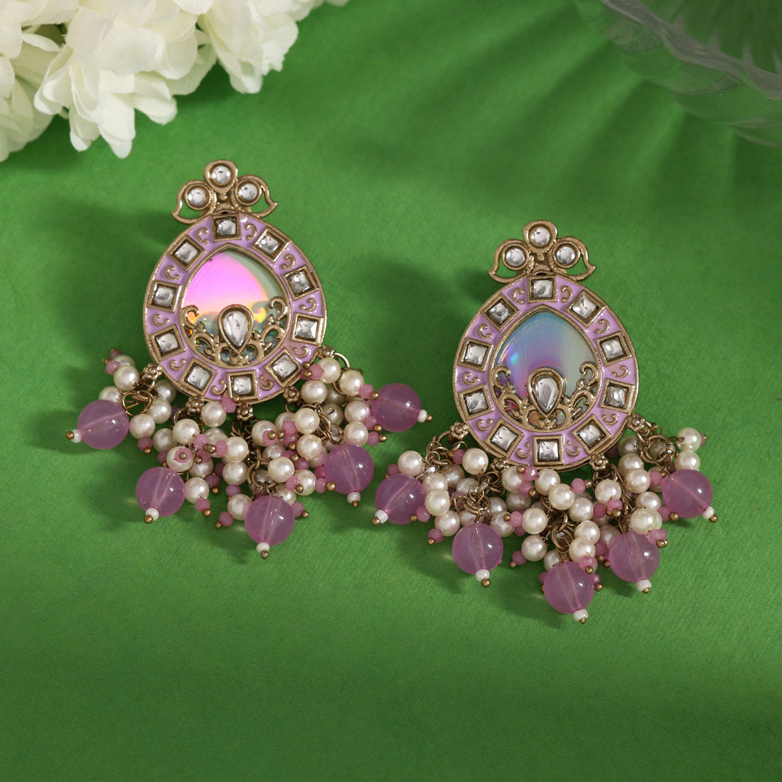 Light Purple Color Meena Work Kundan Earrings (KDE984LPRP)