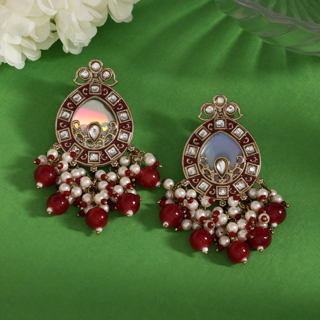 Maroon Color Meena Work Kundan Earrings (KDE984MRN) Jewellery GetGlit