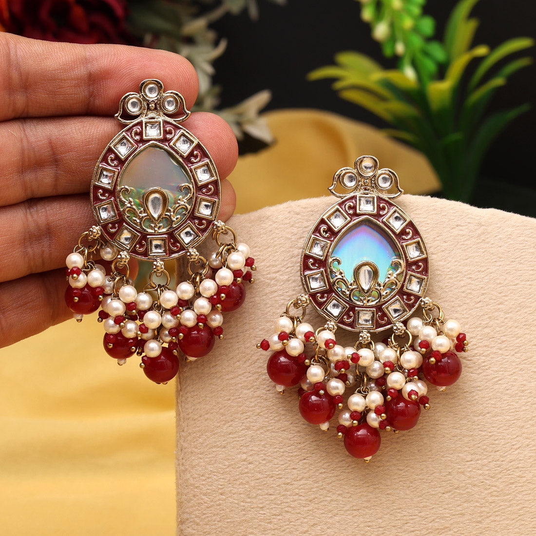 Maroon Color Meena Work Kundan Earrings (KDE984MRN) Jewellery GetGlit