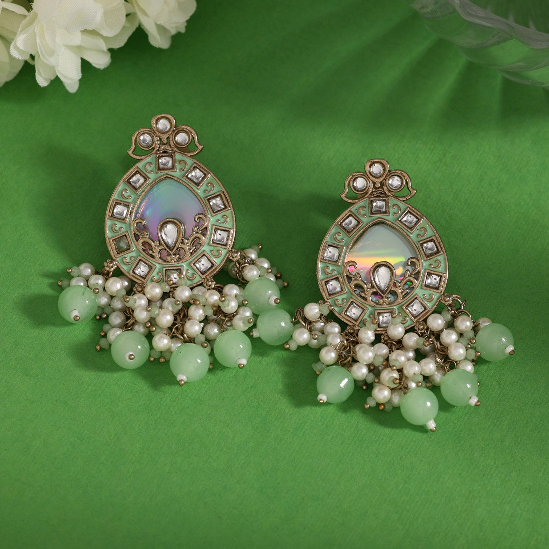 Pista Green Color Meena Work Kundan Earrings (KDE984PGRN) Jewellery GetGlit