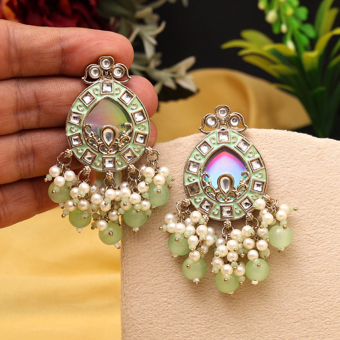 Pista Green Color Meena Work Kundan Earrings (KDE984PGRN) Jewellery GetGlit