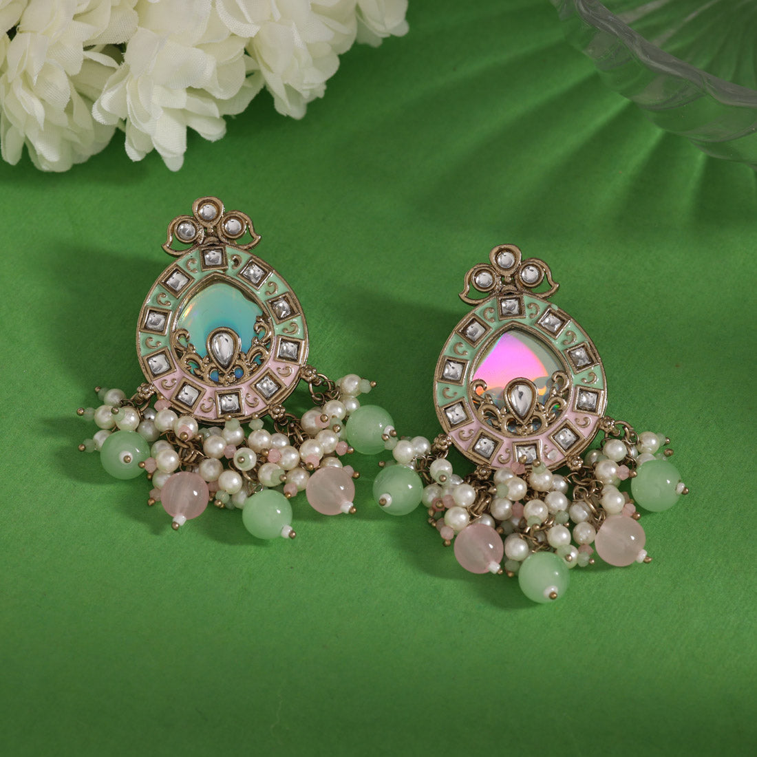 Pink & Purple Color Meena Work Kundan Earrings (KDE984PNKPGRN)