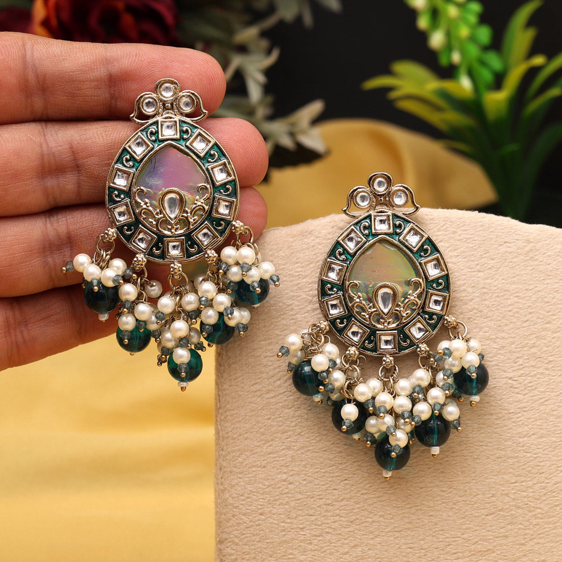 Rama Green Color Meena Work Kundan Earrings (KDE984RGRN) Jewellery GetGlit