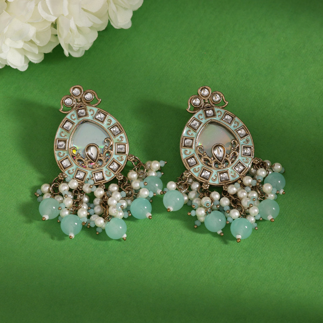 Sky Blue Color Meena Work Kundan Earrings (KDE984SBLU)