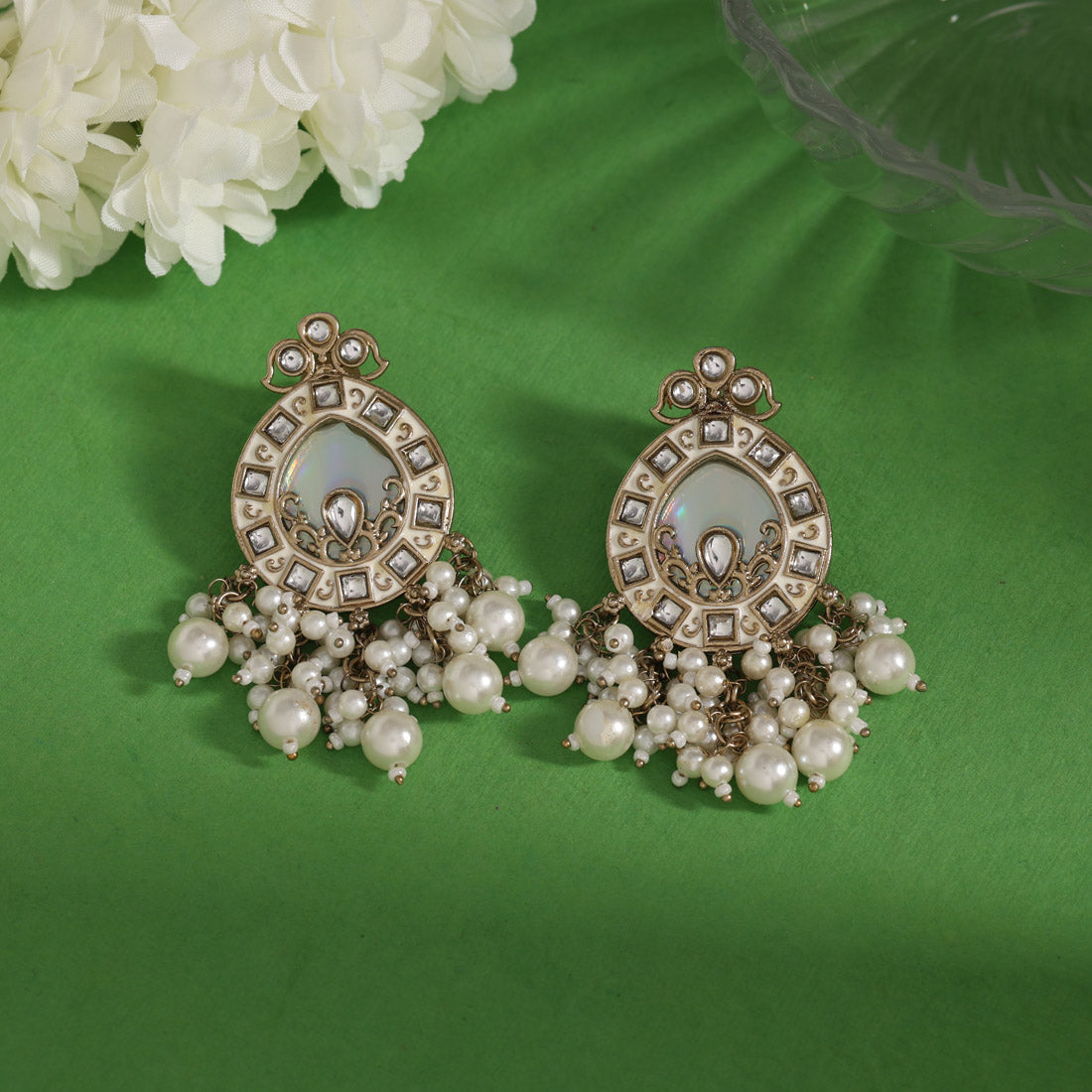 White Color Meena Work Kundan Earrings (KDE984WHT)