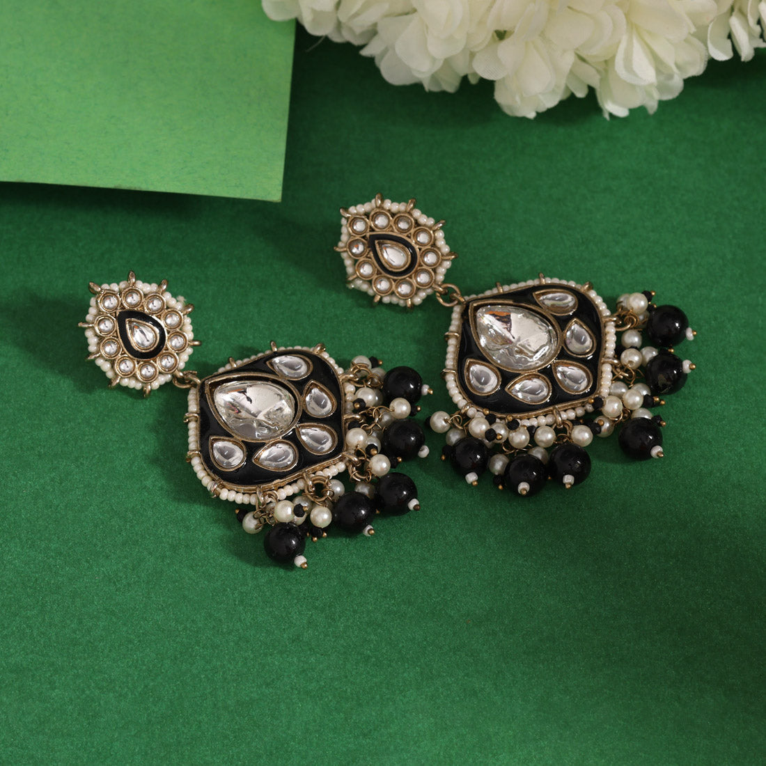 Black Color Kundan Meenakari Earrings (KDE985BLK) Jewellery GetGlit