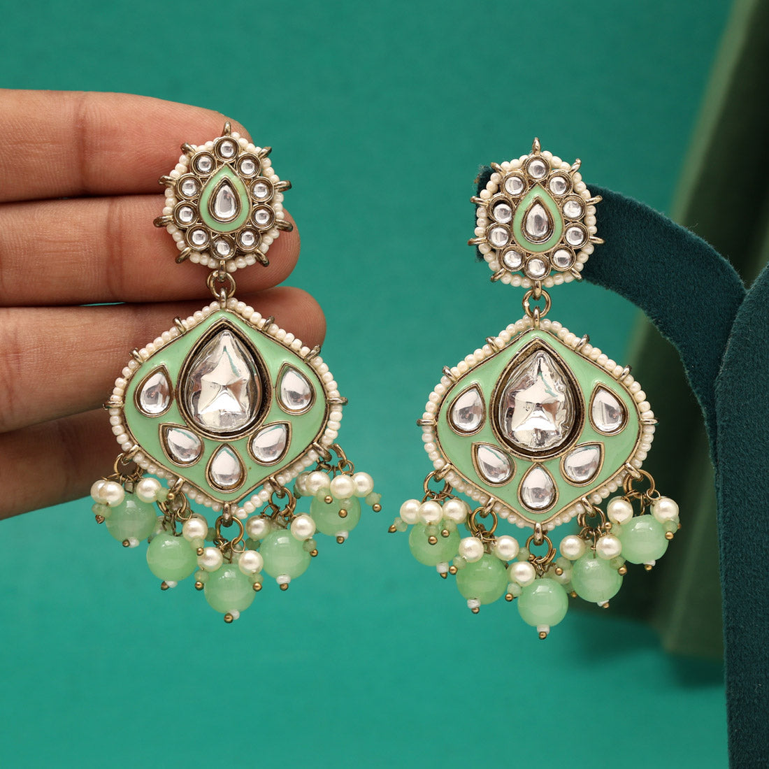 Pista Green Color Kundan Meenakari Earrings (KDE985PGRN) Jewellery GetGlit