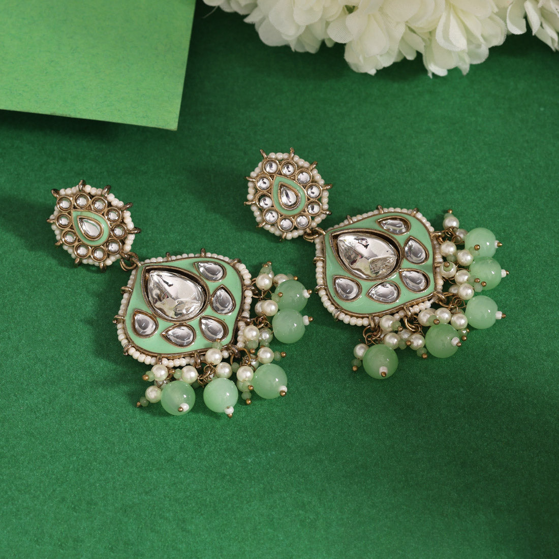 Pista Green Color Kundan Meenakari Earrings (KDE985PGRN) Jewellery GetGlit