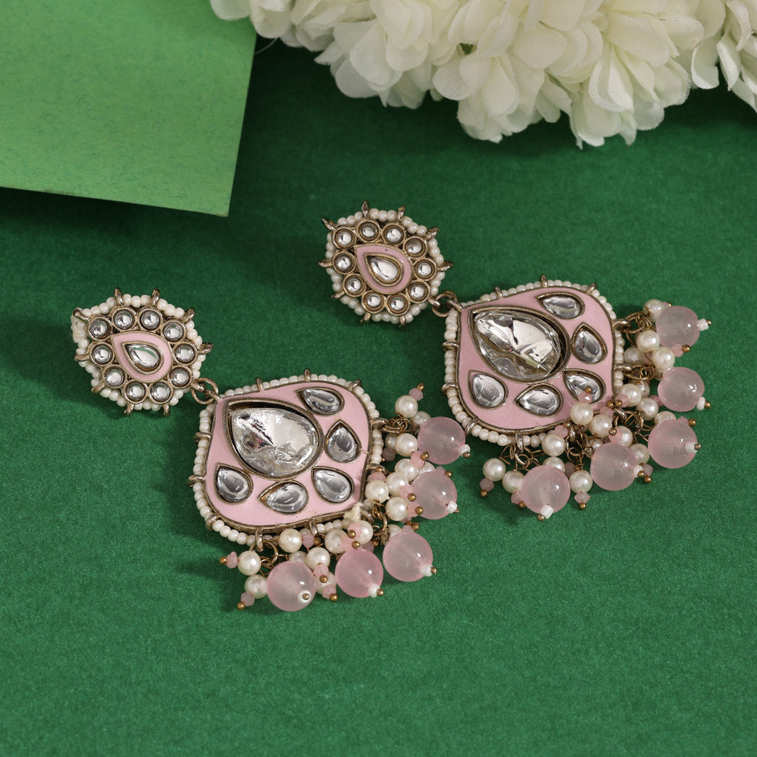 Pink & Pista Green Color Kundan Meenakari Earrings (KDE985PNKPGRN)