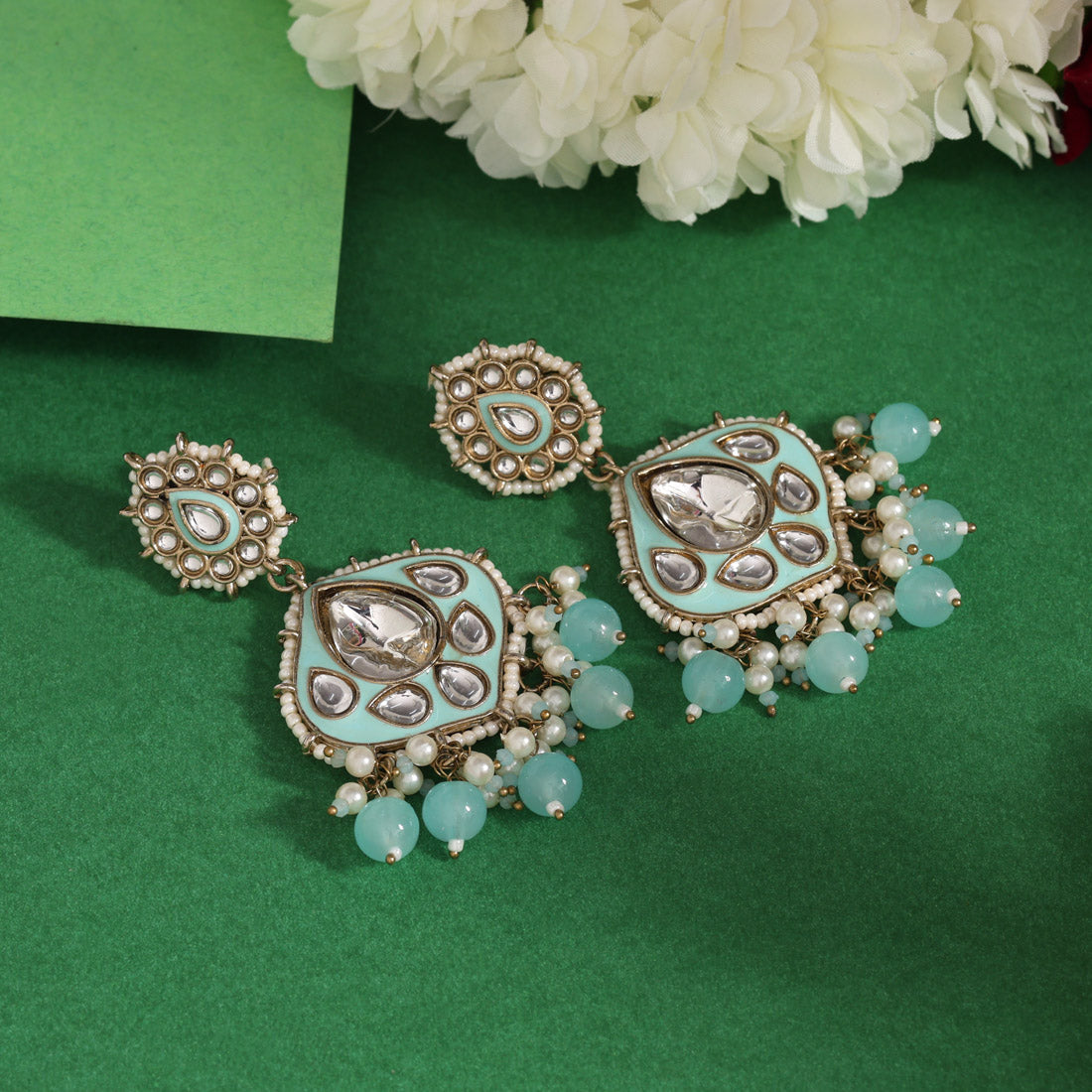 Sky Blue Color Kundan Meenakari Earrings (KDE985SBLU) Jewellery GetGlit