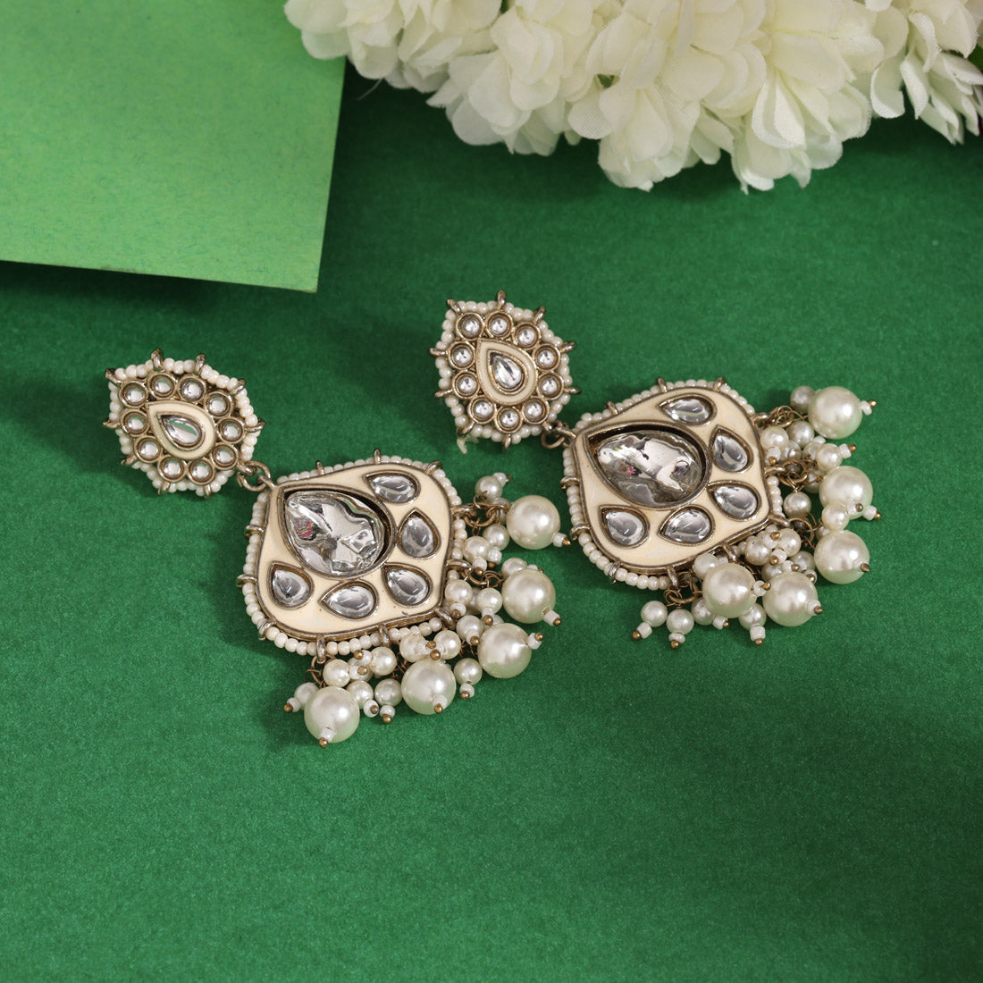 White Color Kundan Meenakari Earrings (KDE985WHT) Jewellery GetGlit