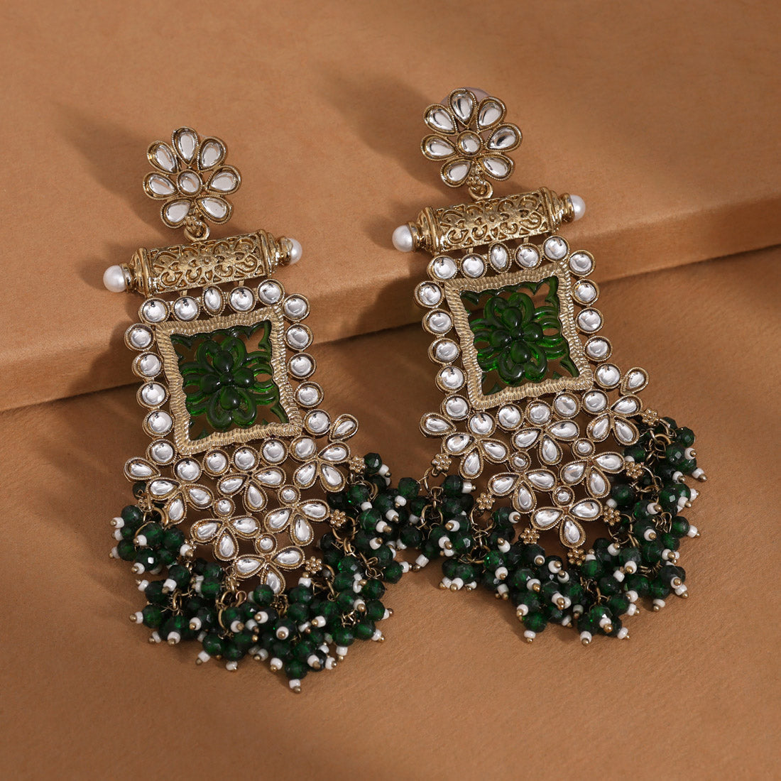 Green Color Kundan Earrings (KDE995GRN) Jewellery GetGlit