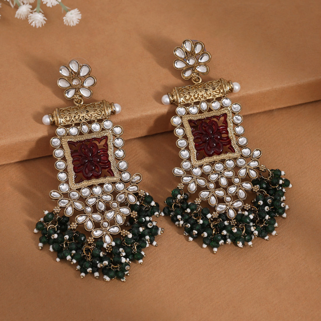 Maroon & Green Color Kundan Earrings (KDE995MG) Jewellery GetGlit