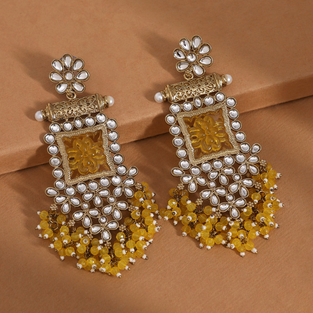 Yellow Color Kundan Earrings (KDE995YLW)