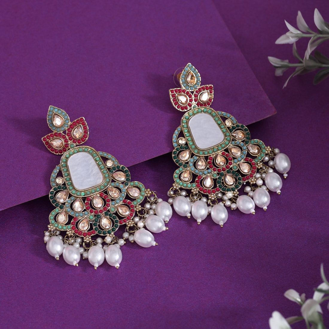 Multi Color Mother Of Pearl Pakistani Kundan Earrings (KDE997MLT)