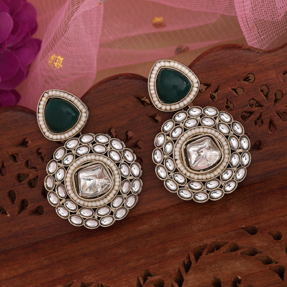 Green Color Kundan Earrings (KDE998GRN) Jewellery GetGlit