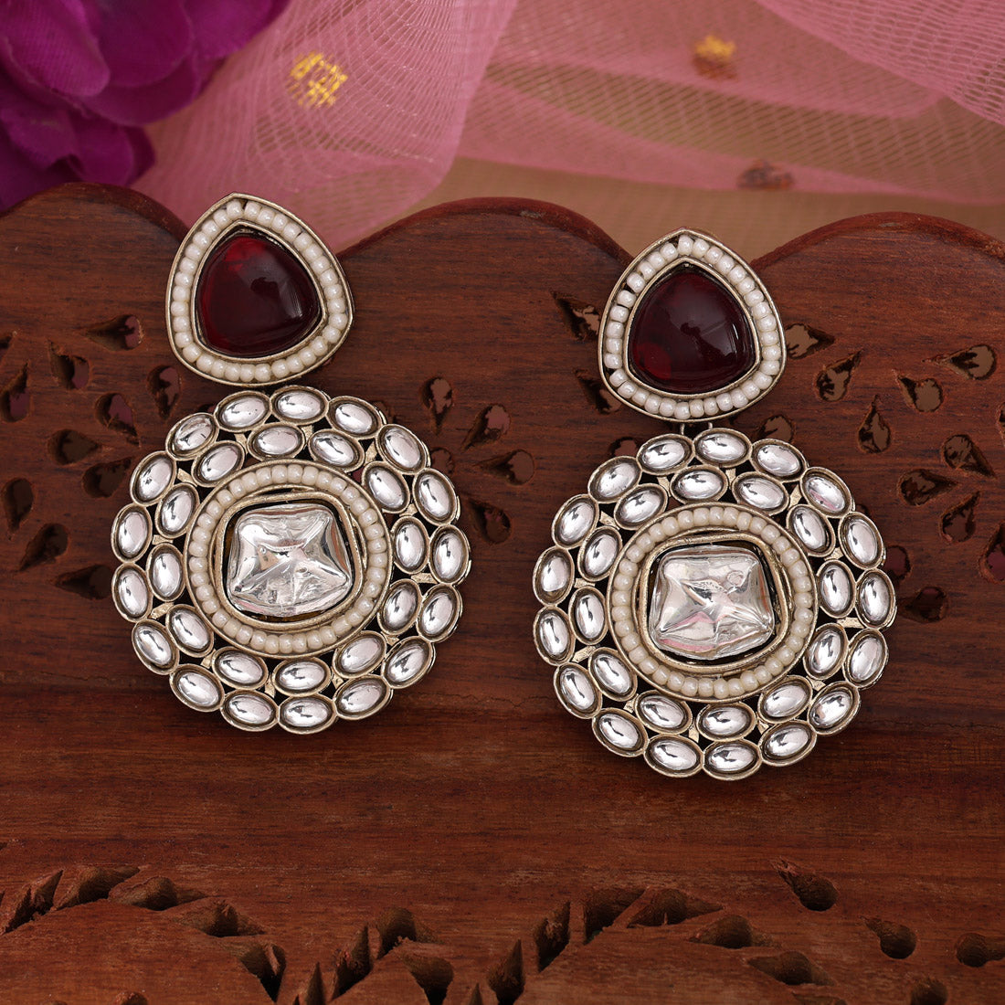 Maroon Color Kundan Earrings (KDE998MRN)