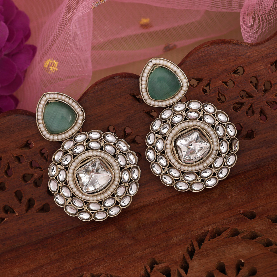 Pista Green Color Kundan Earrings (KDE998PGRN) Jewellery GetGlit