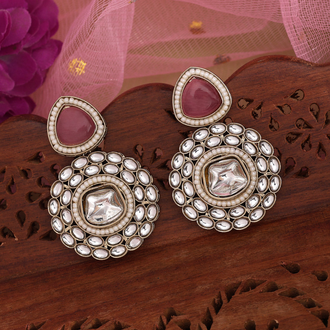 Pink Color Kundan Earrings (KDE998PNK)