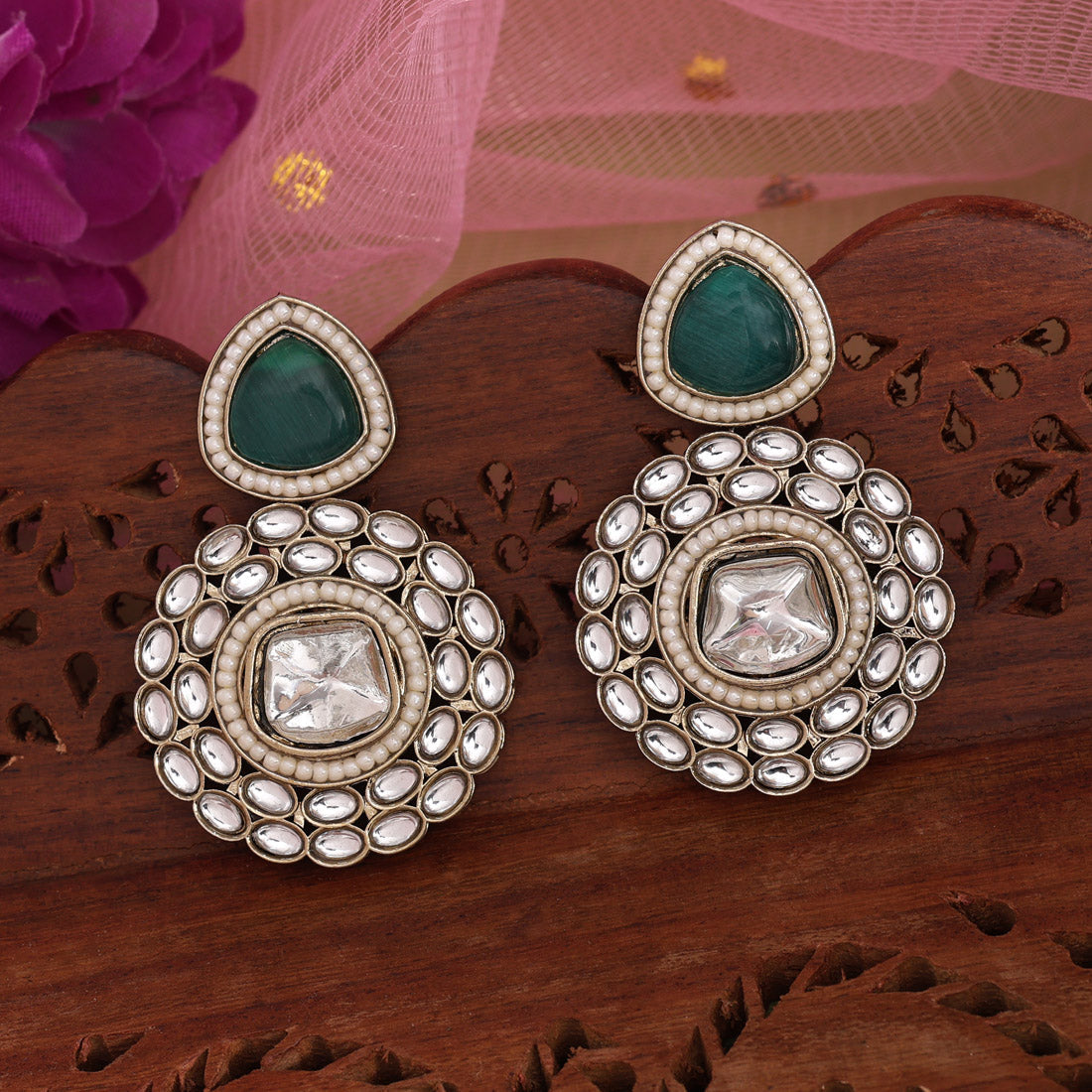 Rama Green Color Kundan Earrings (KDE998RGRN) Jewellery GetGlit