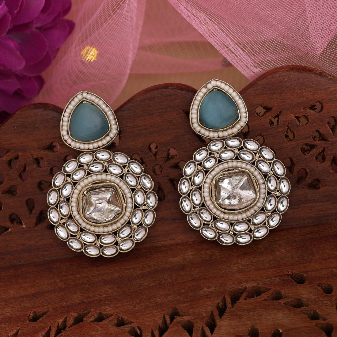 Sky Blue Color Kundan Earrings (KDE998SBLU) Jewellery GetGlit