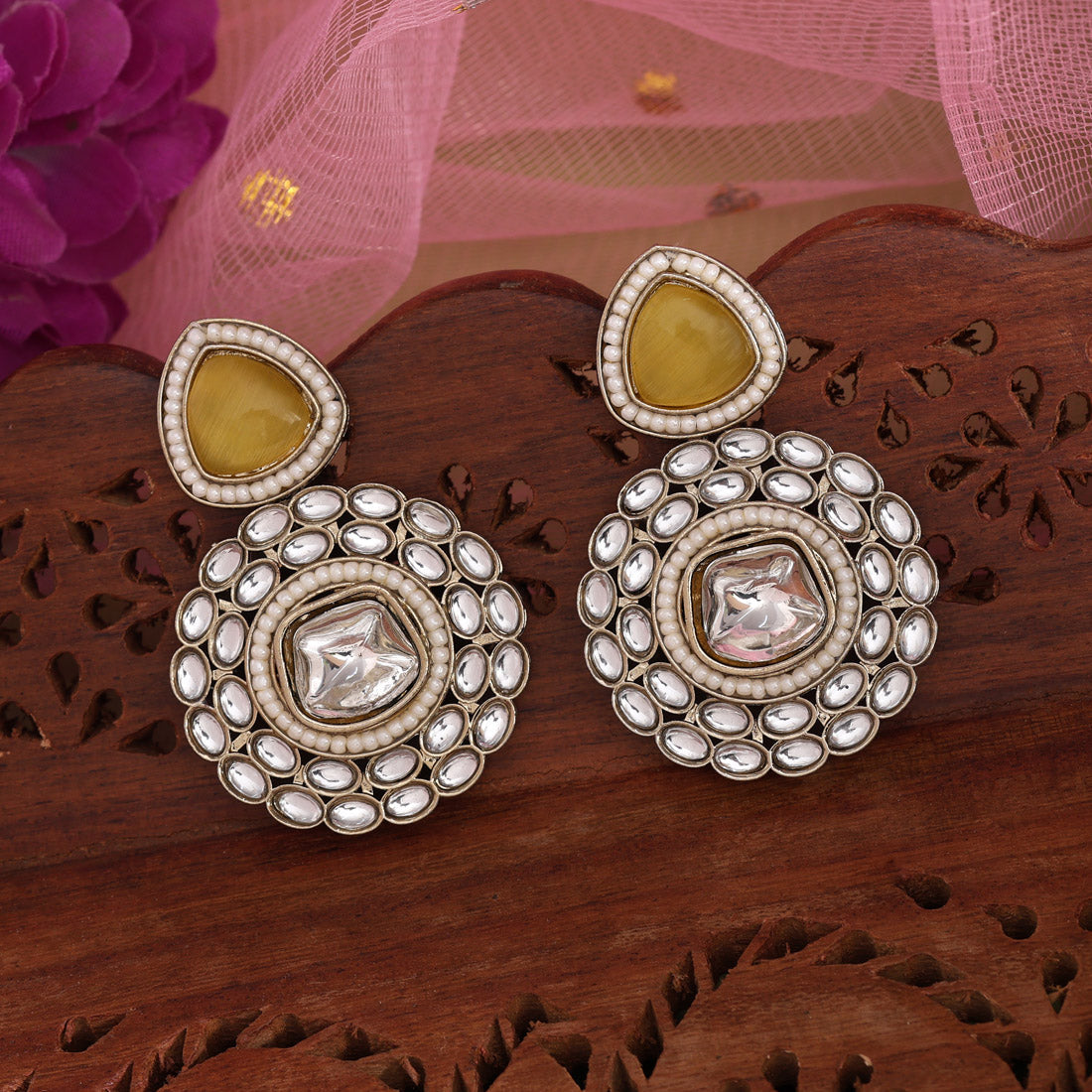 Yellow Color Kundan Earrings (KDE998YLW) Jewellery GetGlit