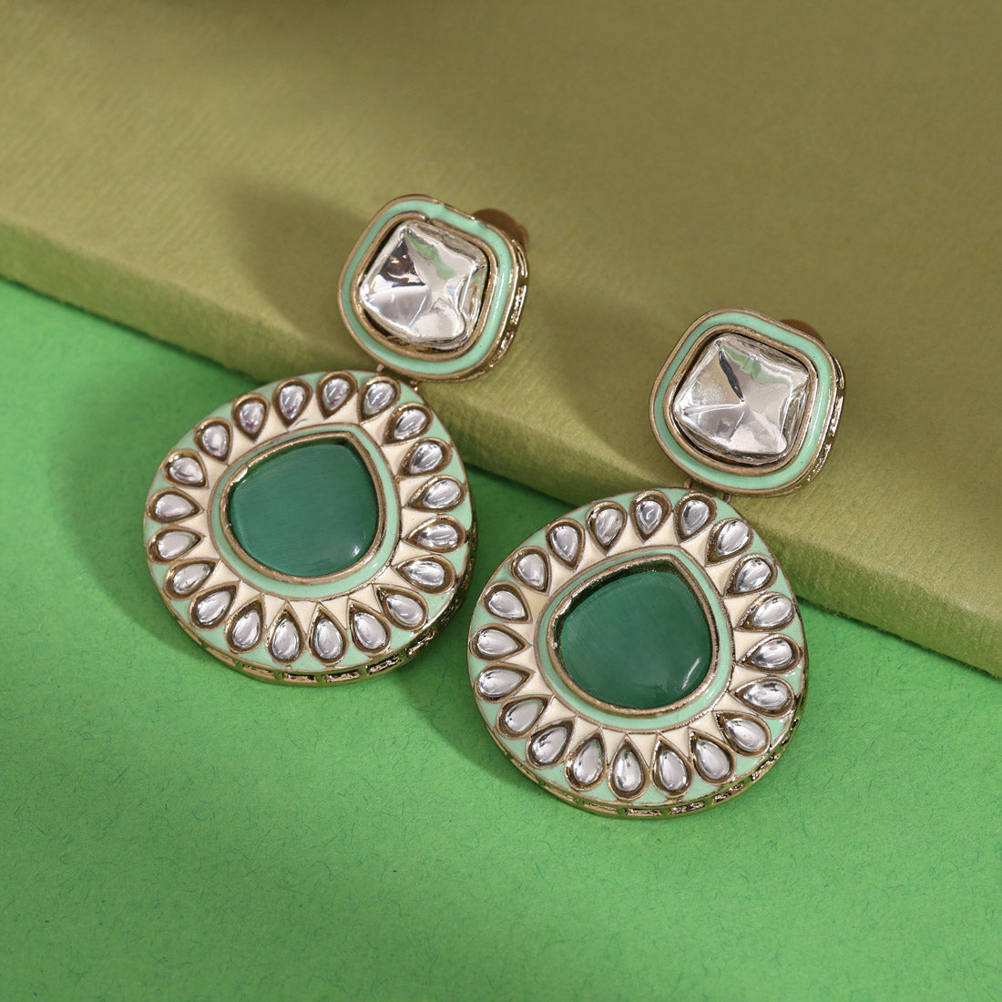 Pista Green Color Kundan Earrings (KDE999PGRN)