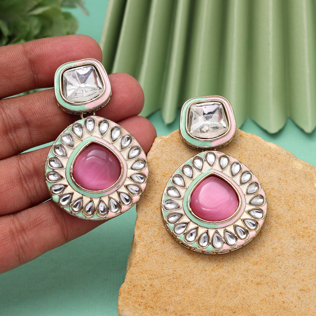 Pink & Pista Green Color Kundan Earrings (KDE999PNKPGRN) Jewellery GetGlit