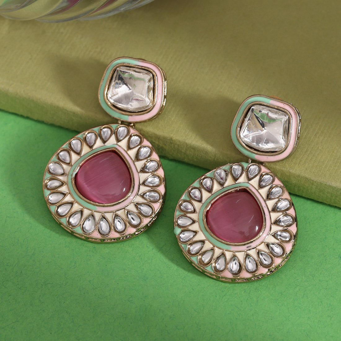 Pink & Pista Green Color Kundan Earrings (KDE999PNKPGRN)