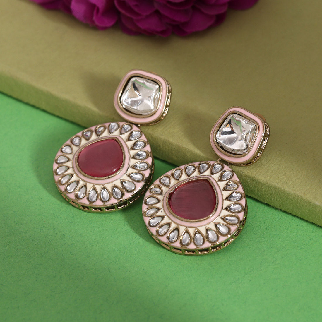 Pink Color Kundan Earrings (KDE999PNK)