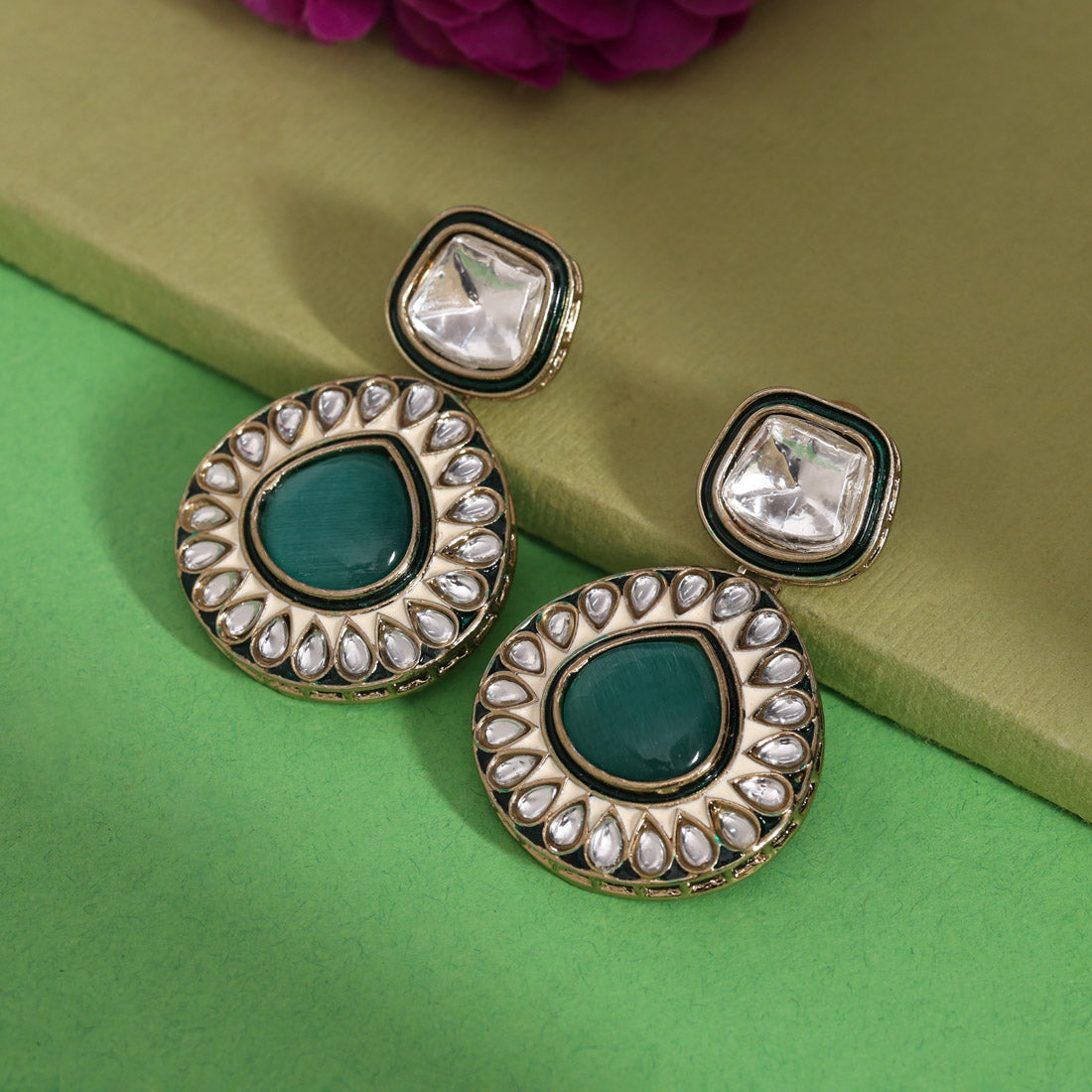 Rama Green Color Kundan Earrings (KDE999RGRN)