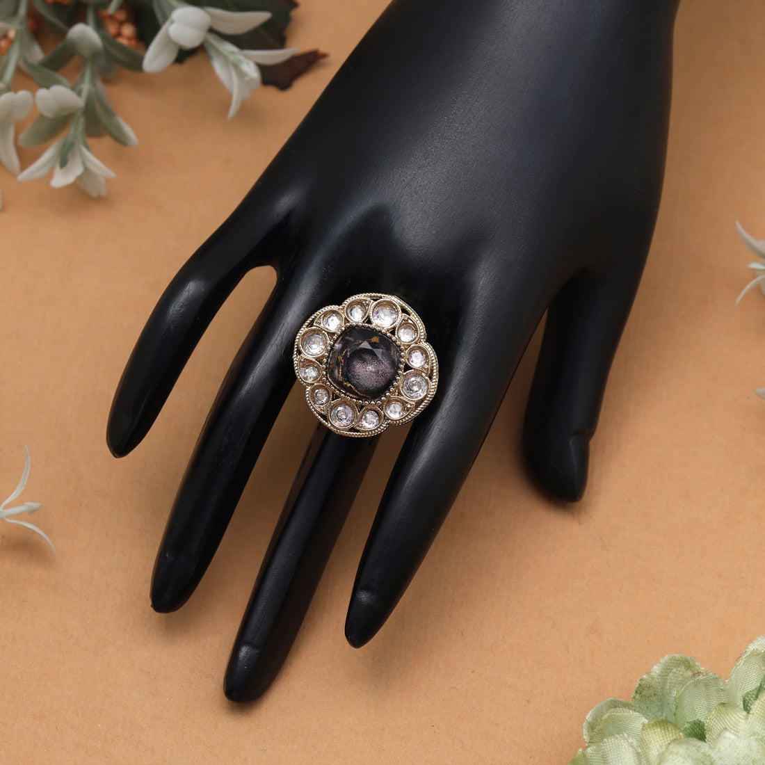 Matte Black Color Kundan Ring For Women Jewellery GetGlit