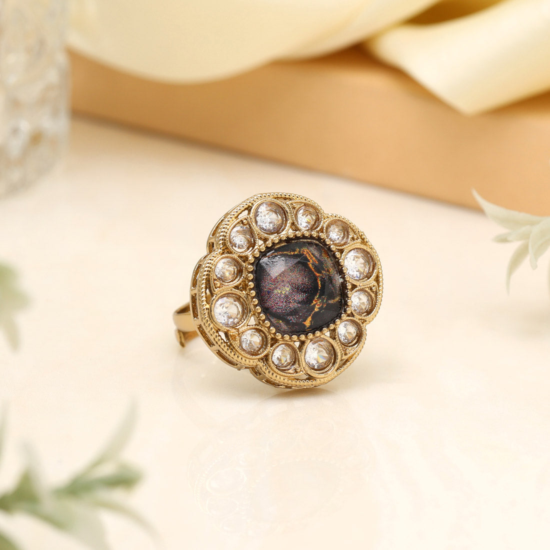 Matte Black Color Kundan Ring For Women Jewellery GetGlit
