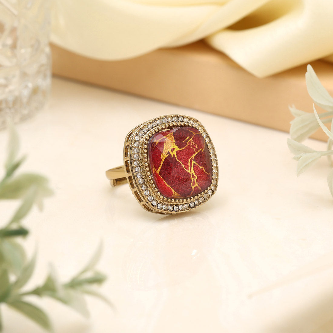 Crimson Red Color Kundan Ring For Women Jewellery GetGlit