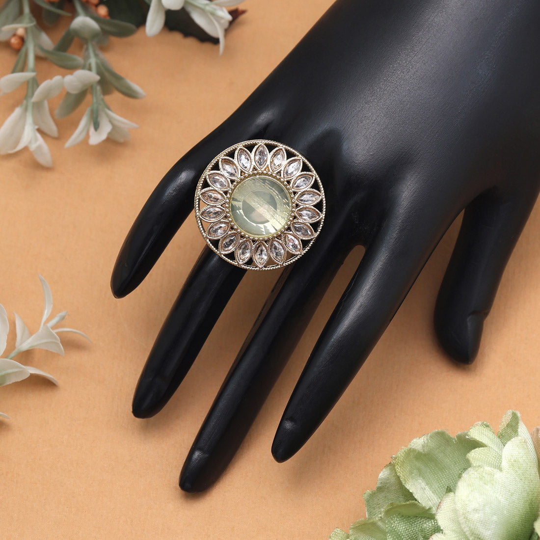 Soft Light Green Color Kundan Ring For Women Jewellery GetGlit