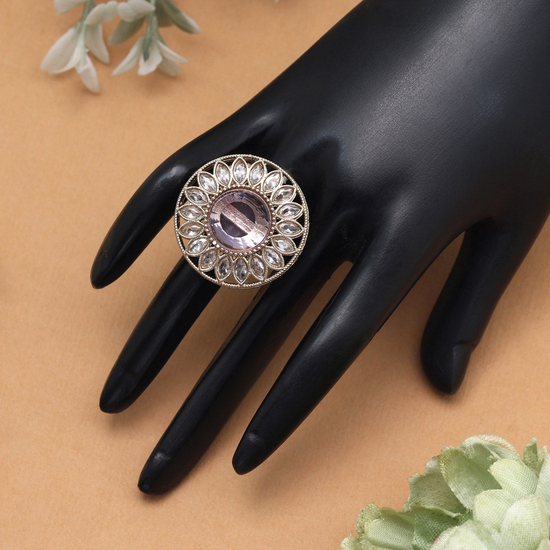 Subtle Light Purple Color Kundan Ring For Women Jewellery GetGlit