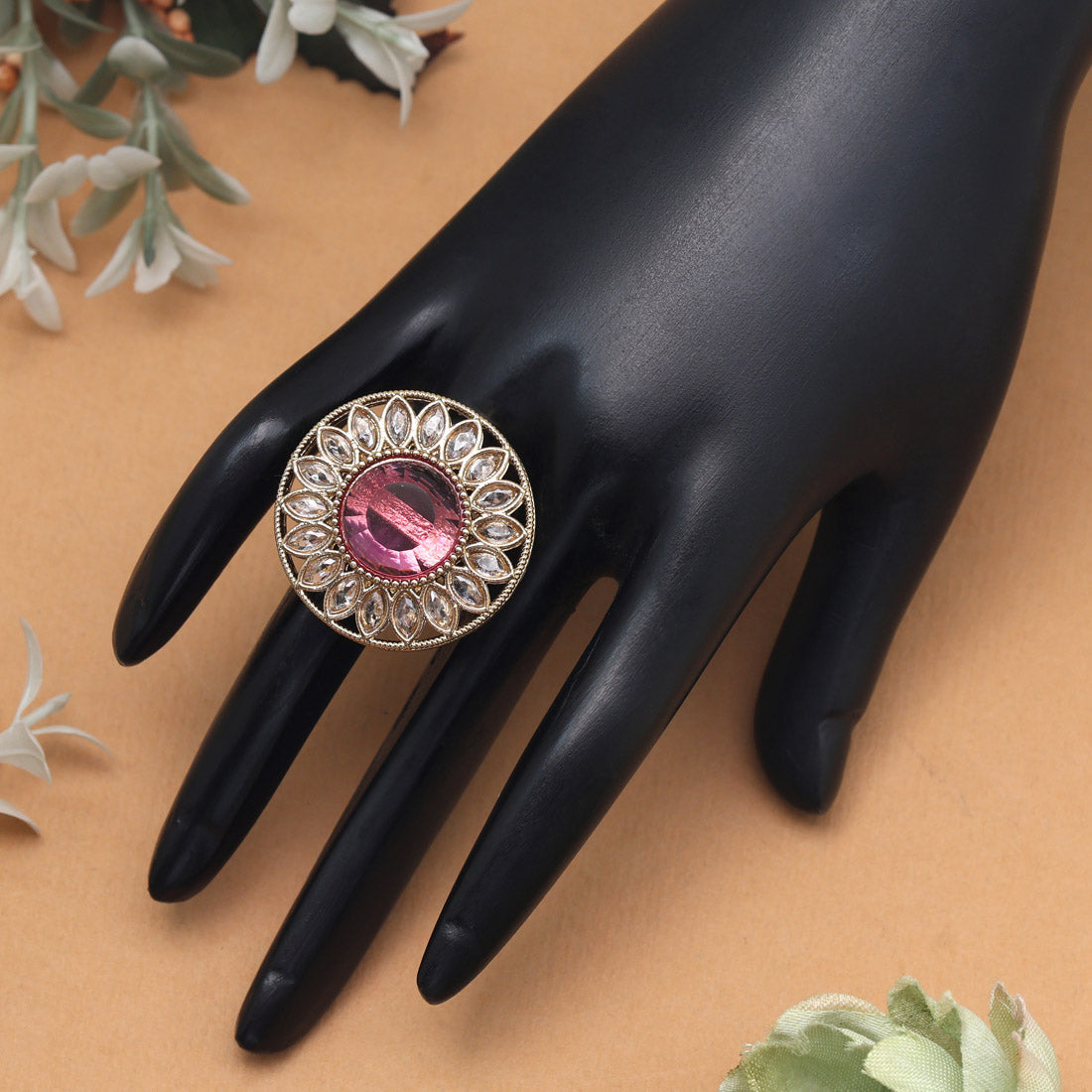 Radiant Pink Color Kundan Ring For Women Jewellery GetGlit