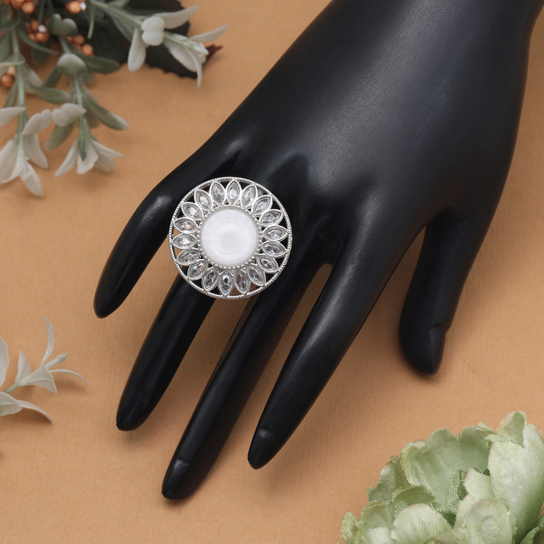 Metallic Silver Color Kundan Ring For Women Jewellery GetGlit