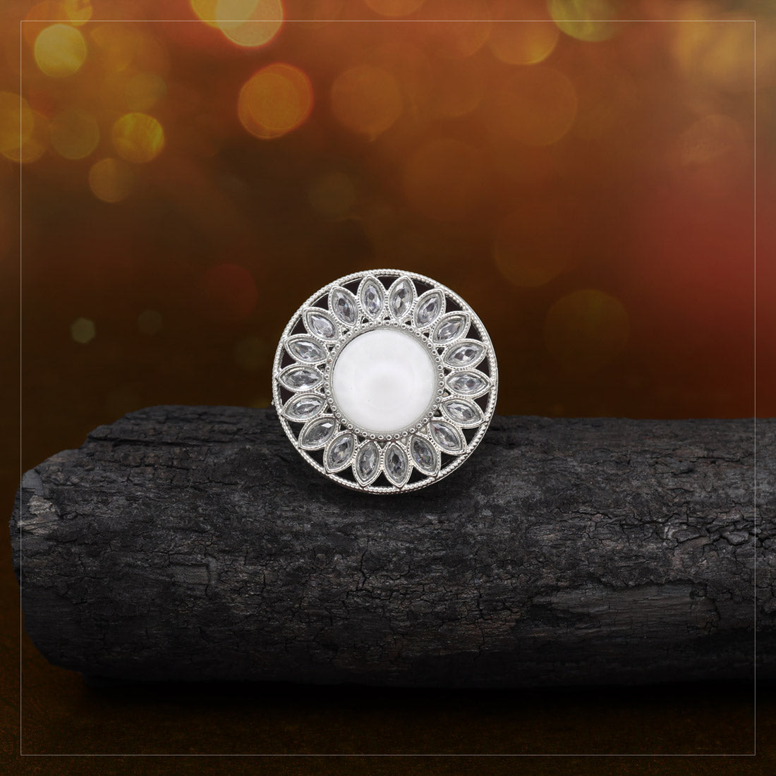 Metallic Silver Color Kundan Ring For Women Jewellery GetGlit