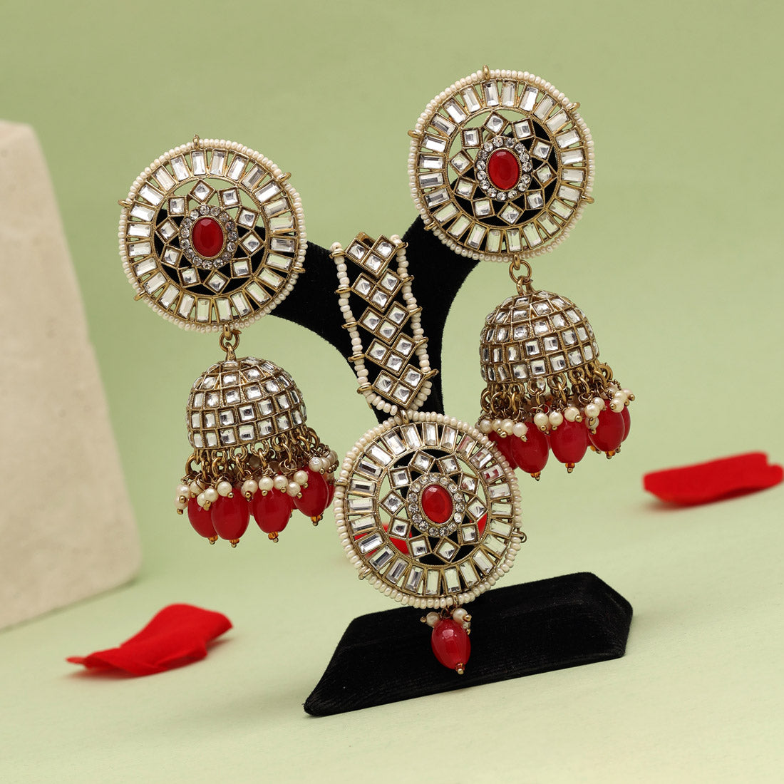 Red Color Kundan Earrings With Maang Tikka (KDTE536RED) Earrings GetGlit   