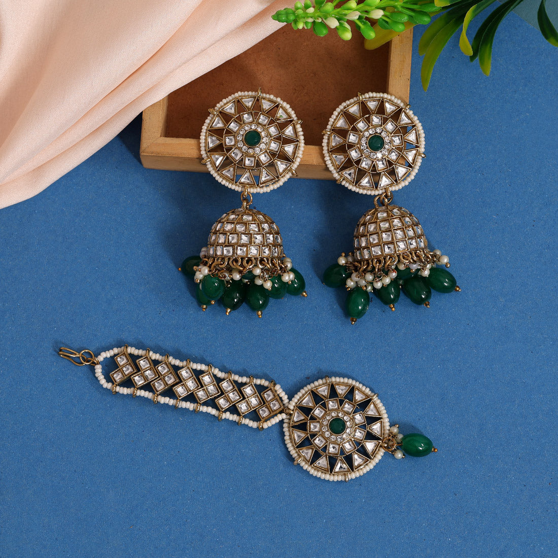 Green Color Kundan Earrings With Maang Tikka (KDTE538GRN) Jewellery GetGlit